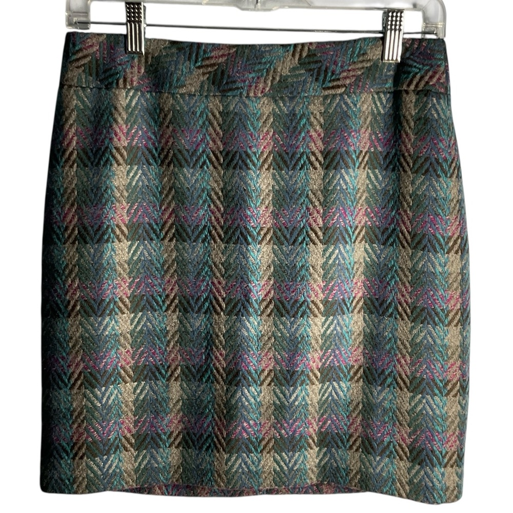Vintage L. L. Bean Wool Blend Chevron Plaid Pencil Skirt Sz 2 Herringbone Lined
